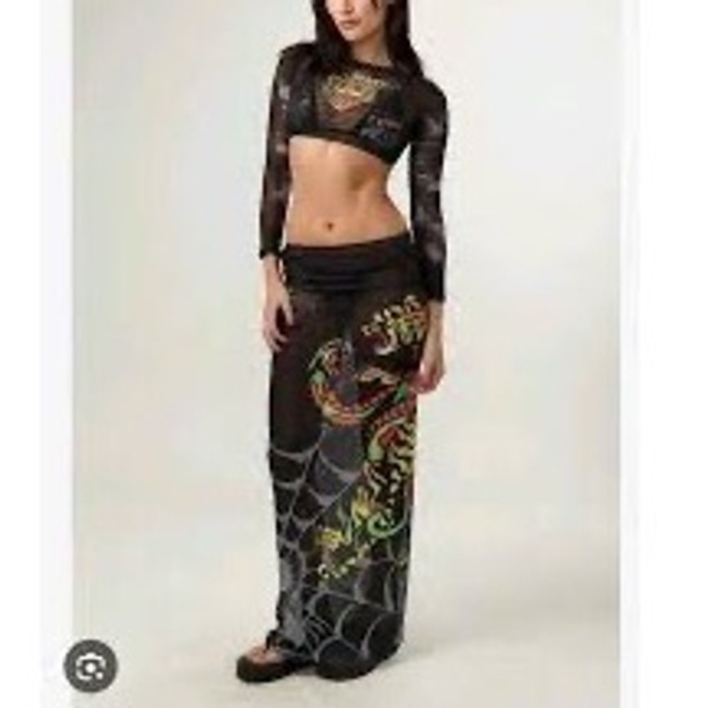NWT Ed Hardy black sheer red rhinestones crop top & skirt beach coverup set sz L